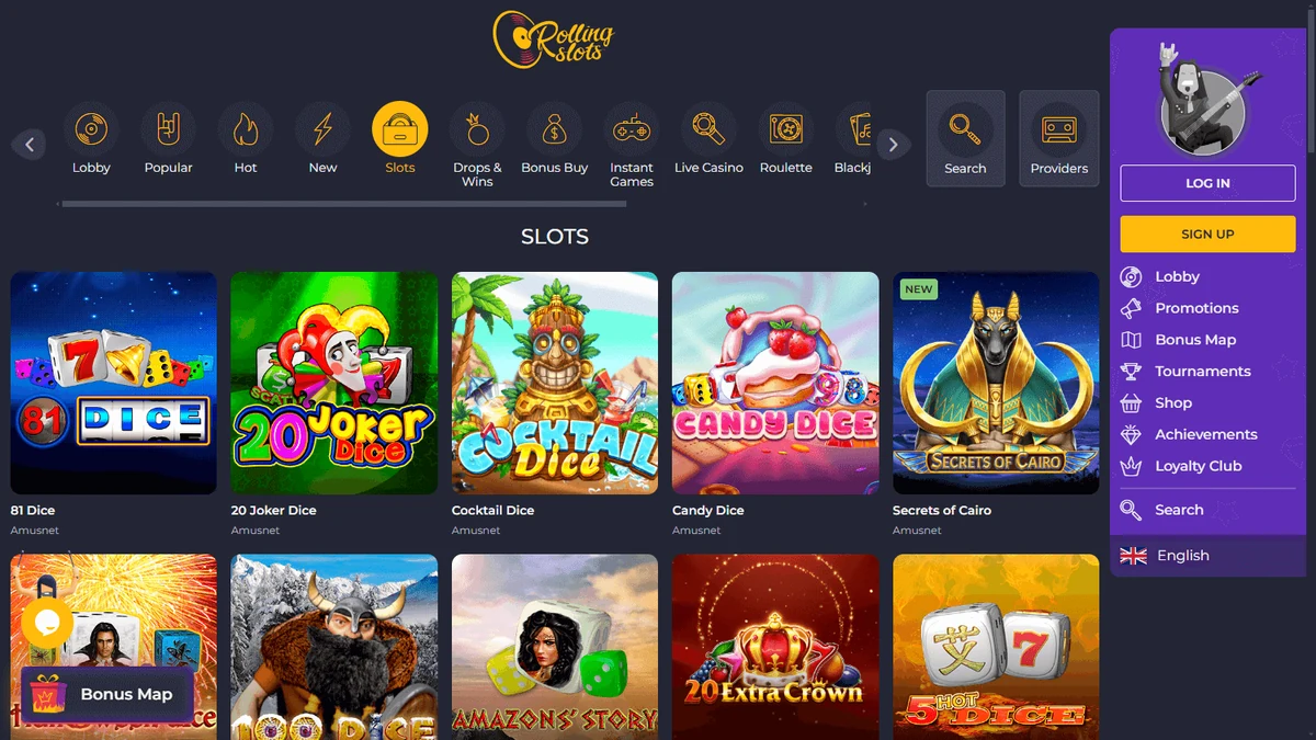La lobby di Rolling Slots